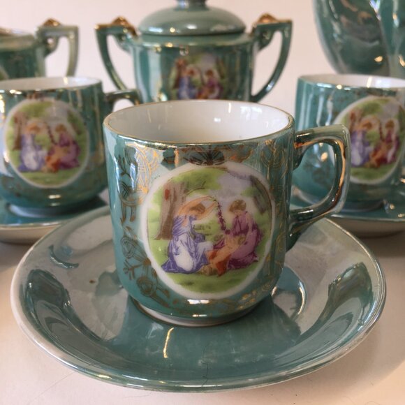 Vintage Victorian Couple Iridescent Porcelain Tea Set Luster Japan Blue Teapot - Picture 4 of 16